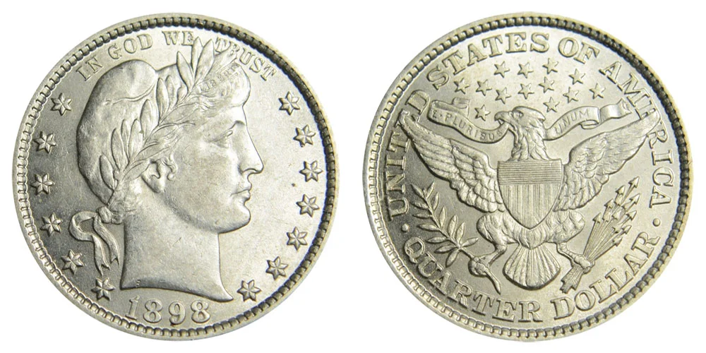 1898 Barber Quarter obverse showing Liberty head design and reverse showing heraldic eagle