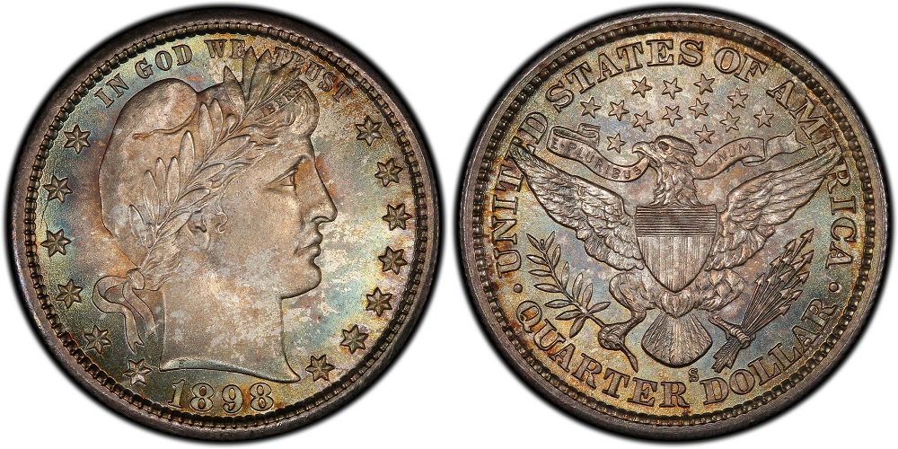 Side-by-side comparison of circulated 1898-S Barber Quarter versus Mint State 1898-S example