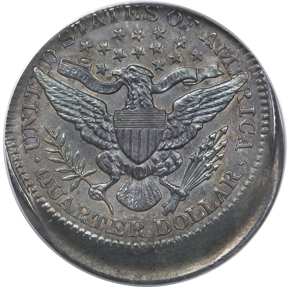 Off-center struck 1898 Barber Quarter showing blank planchet crescent and shifted design