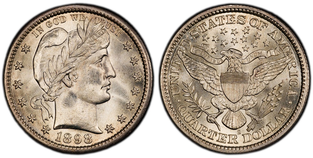 Close-up macro of 1898-S Barber Quarter showing repunched S mint mark with doubled impression below eagle tail feathers