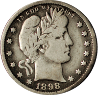 Macro close-up of 1898 Barber Quarter showing doubled die variety with separated secondary image on date or LIBERTY inscription