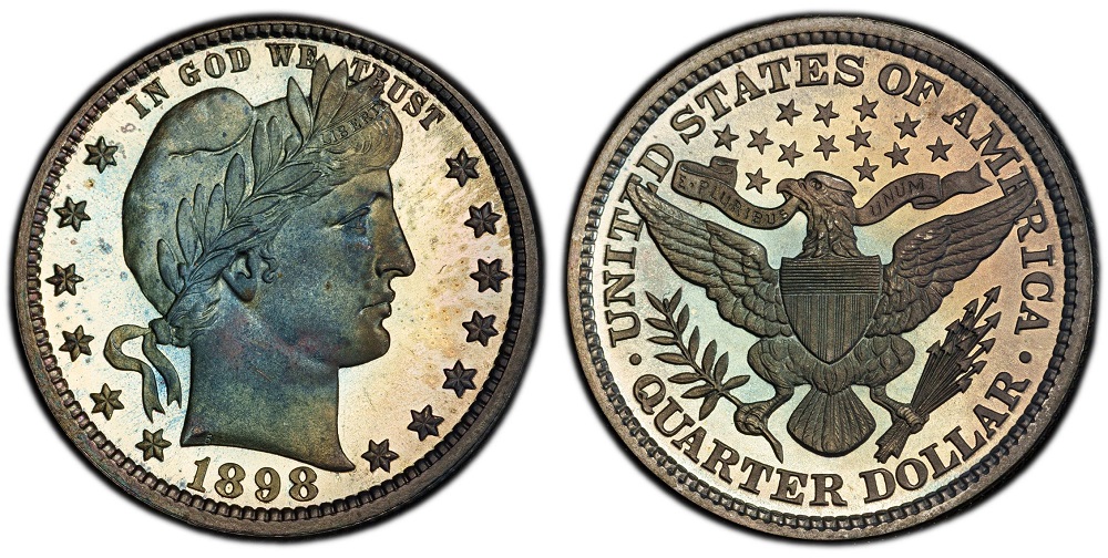 1898 Barber Quarter grading strip showing four coins from Good through Mint State condition